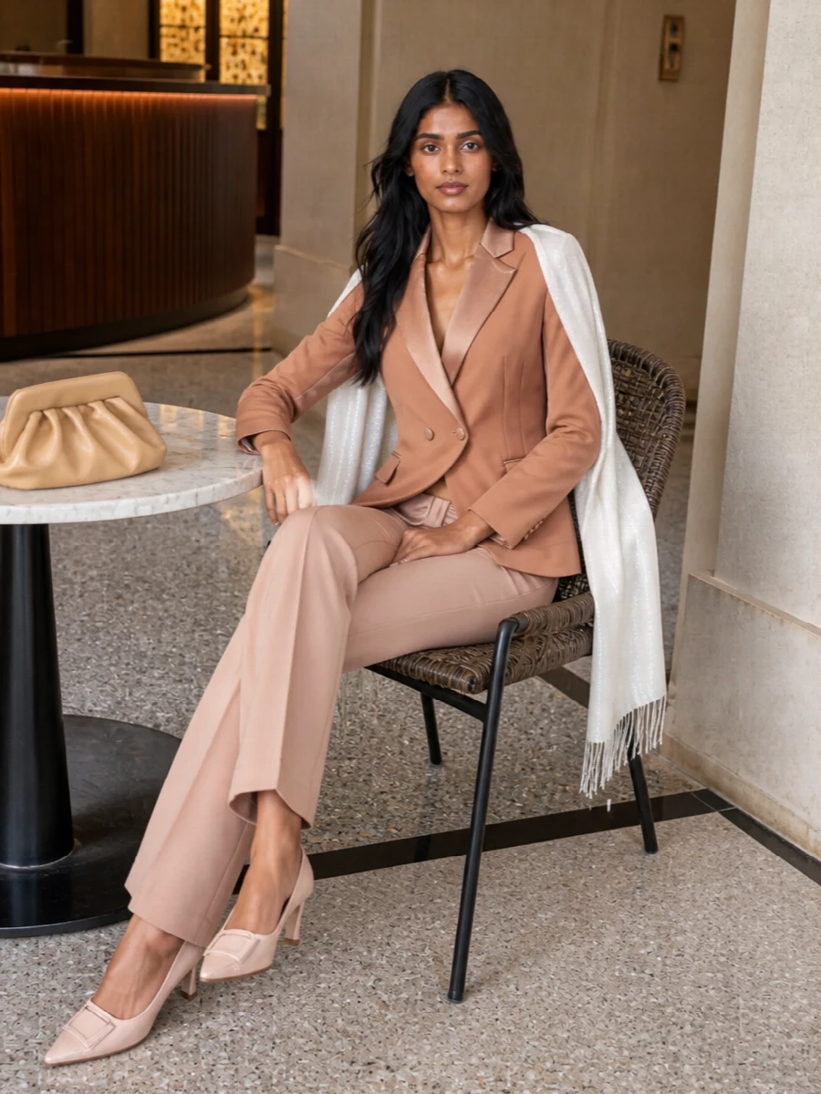 Terracotta tailoring meets soft nude flares for a quietly confident suit moment that feels as considered at a client dinner as it does at a gallery opening. Blush-toned pumps and a camel clutch keep the palette warm and tonal, letting the satin lapels and clean lines do the talking. An ivory shimmer wrap adds a whisper of evening gloss without tipping the outfit into overt shine.