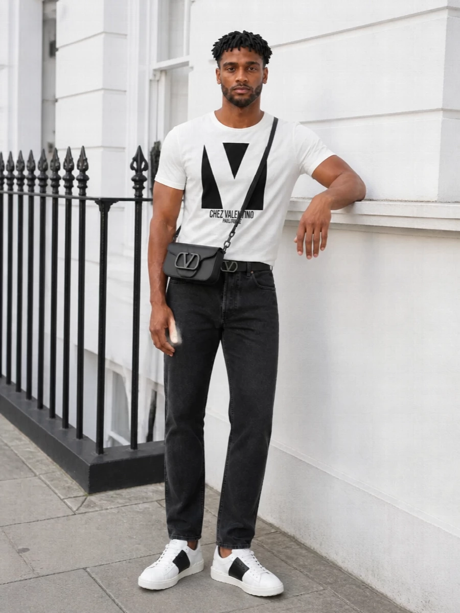 Valentino graphic tee charcoal jeans sneakers