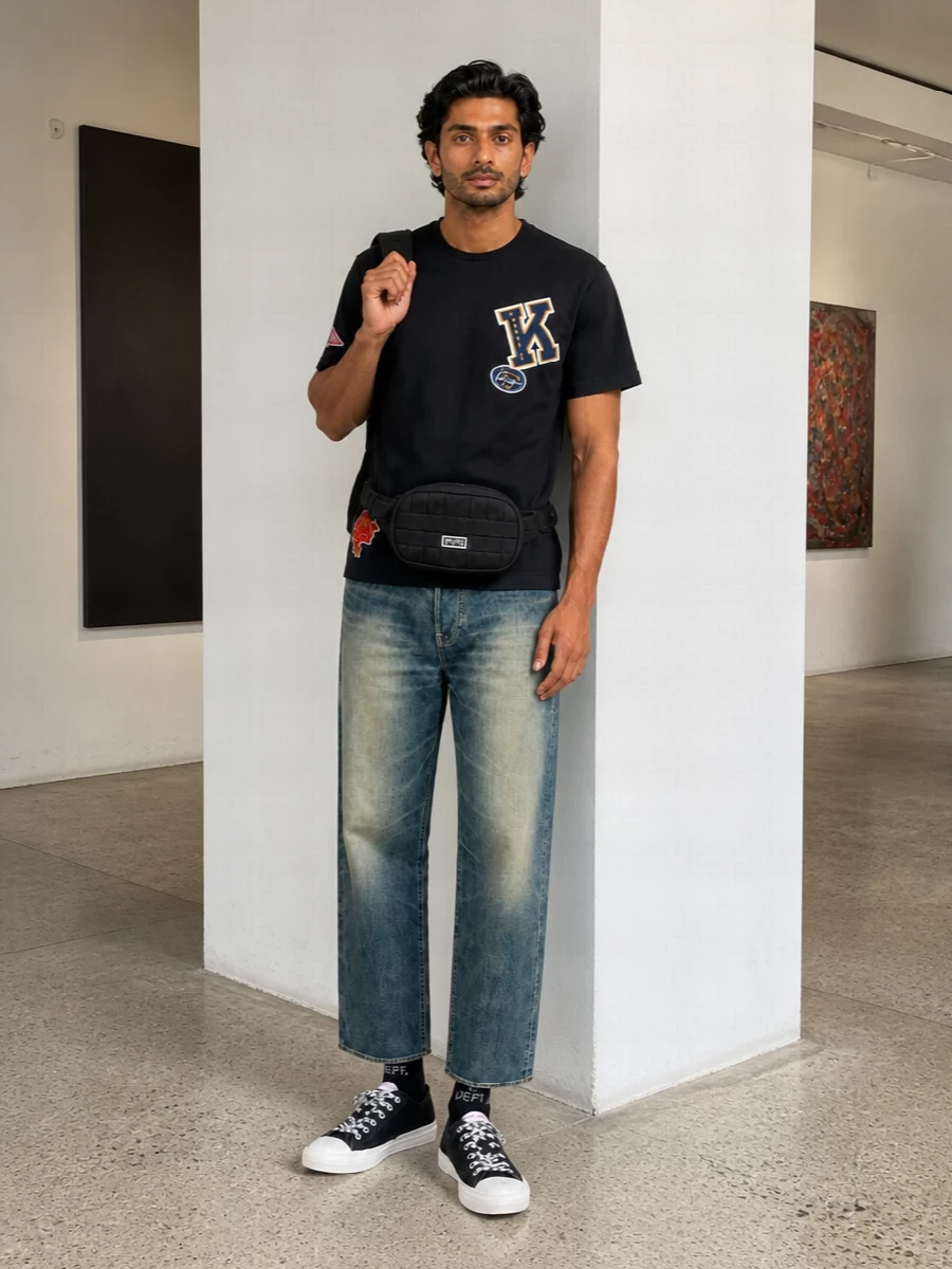 Kenzo varsity tee faded jeans black sneakers