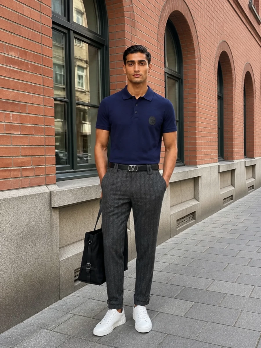 Versace navy polo charcoal pinstripe trousers outfit