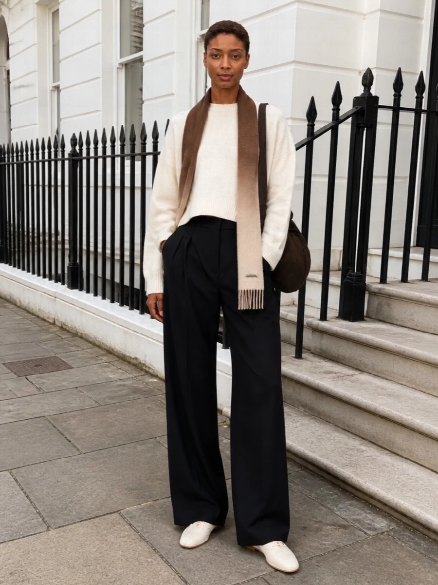 An ivory cropped knit sits over high-rise black wool, creating a clean vertical line that feels calm and precise. Soft ivory flats keep the mood quiet, while a sculpted dark crescent bag and ombré scarf add just enough depth and texture. The result is an easy neutral uniform that reads considered from coffee runs to casual meetings.