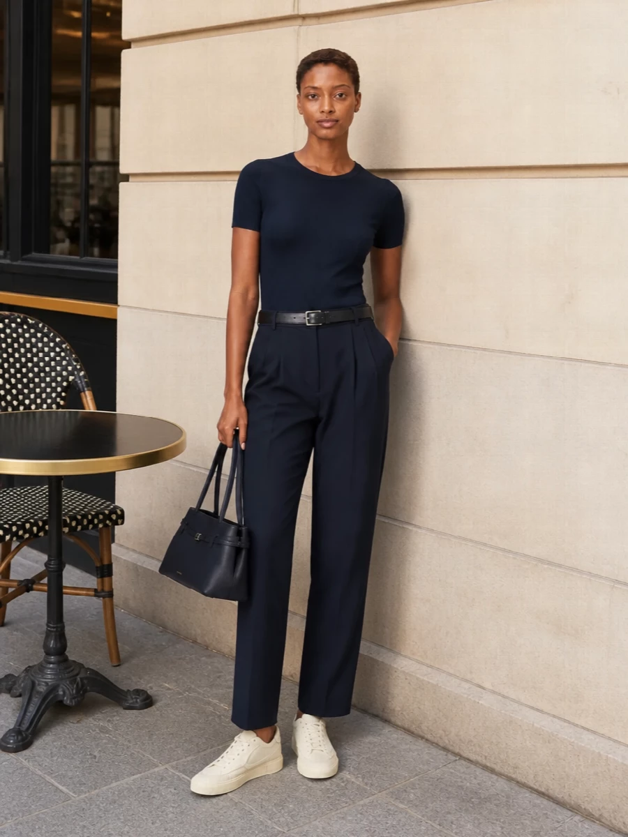 A navy knit tee tucked into matching pleated trousers creates a long, uninterrupted line that feels calm and considered. Cream low-top sneakers and a structured navy baguette soften the tailoring just enough for daytime. A simple black belt sharpens the waist so the relaxed pieces still read precise and intentional.