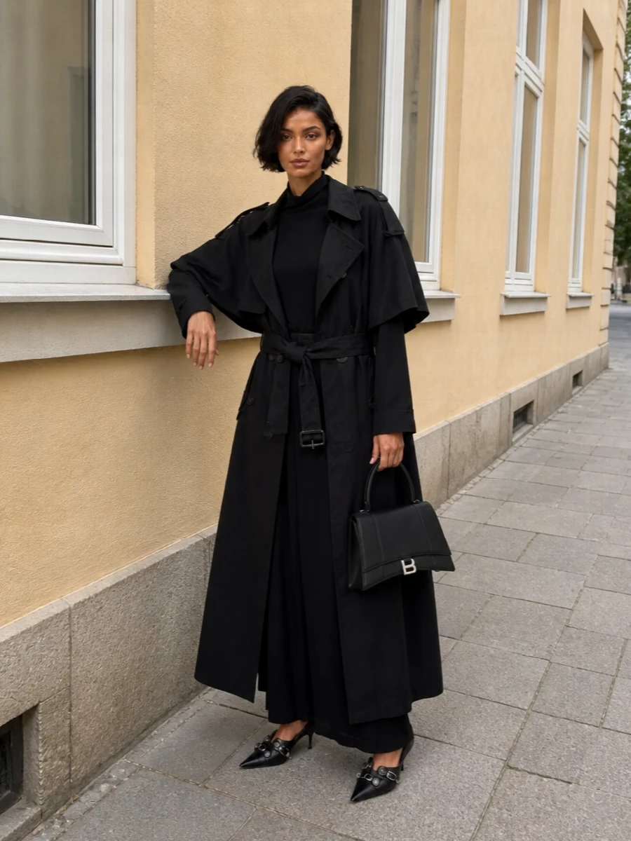 Balenciaga black trench coat column dress outfit