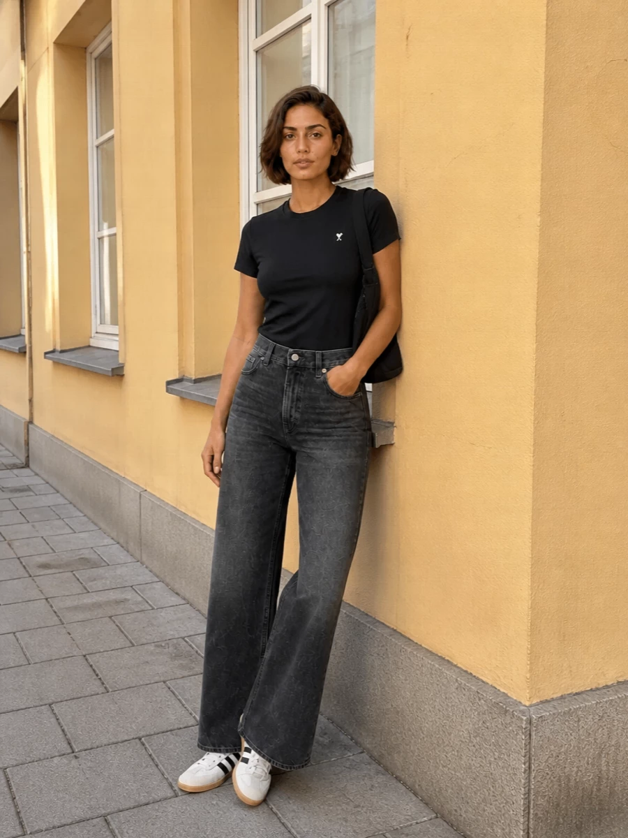 A black Ami tee, charcoal wide-leg denim, and terrace-style sneakers create a clean, monochrome streetwear uniform that still feels sharp. The proportions stay relaxed but intentional, with the wide jean balanced by a close-to-body top and a compact black shoulder bag. It is the kind of off-duty Paris-meets-city combo that moves from coffee runs to late walks without a change of clothes.