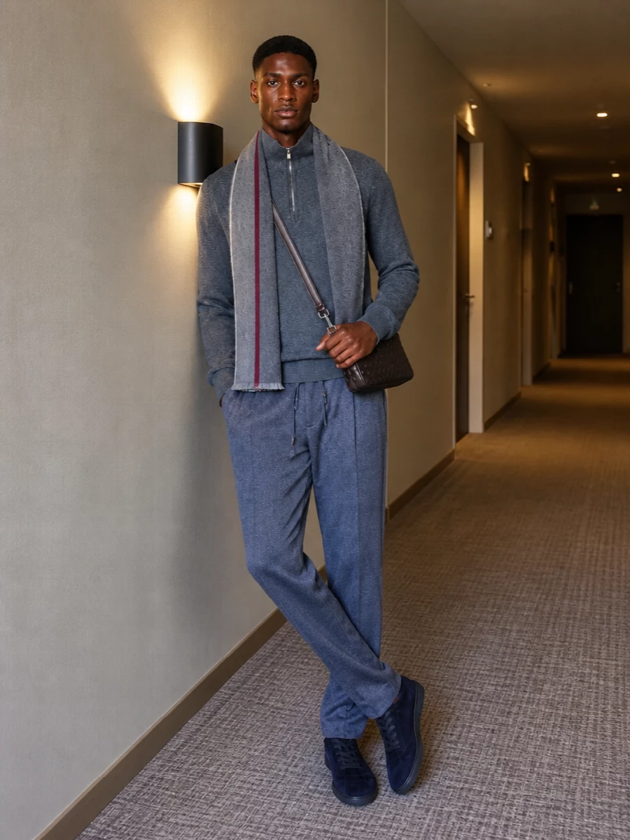 A palette of slate, ink and charcoal keeps this knit-and-trouser pairing calm and assured, with soft drawstring tailoring echoing the half-zip’s relaxed refinement. The navy suede sneakers and espresso intrecciato crossbody sharpen the off-duty mood just enough for city days. A slate herringbone scarf finishes the story with quiet texture and a whisper of colour at the edge.