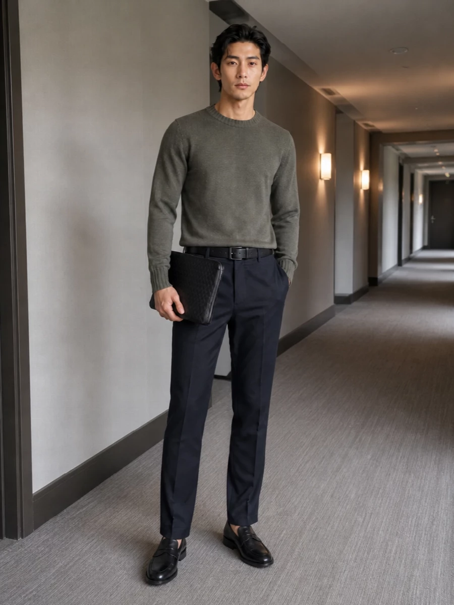 Pt torino navy trousers olive sweater loafers