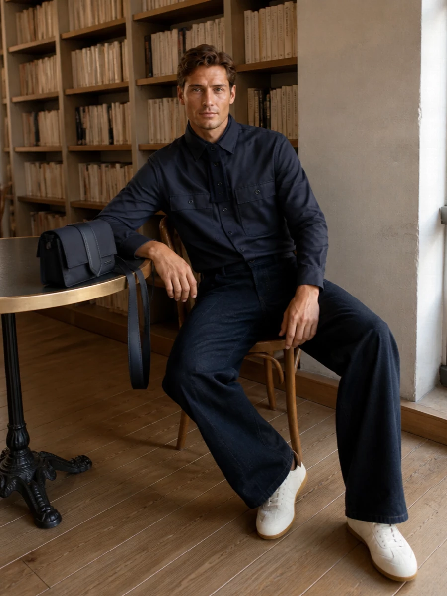 Lemaire navy shirt wide leg trouser sneakers