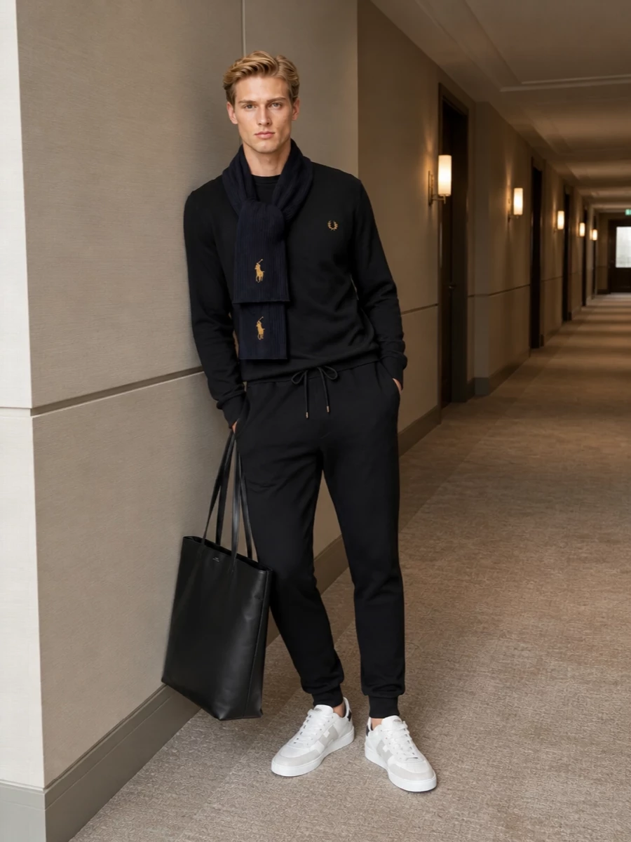 A black textured Fred Perry crew paired with sharp Paul Smith track pants creates a clean, monochrome base that feels athletic yet considered. White and grey Autry courts punctuate the darkness just enough, while the structured A.P.C. tote and navy Ralph Lauren accessories keep everything firmly in that quietly sporty, city-ready space.