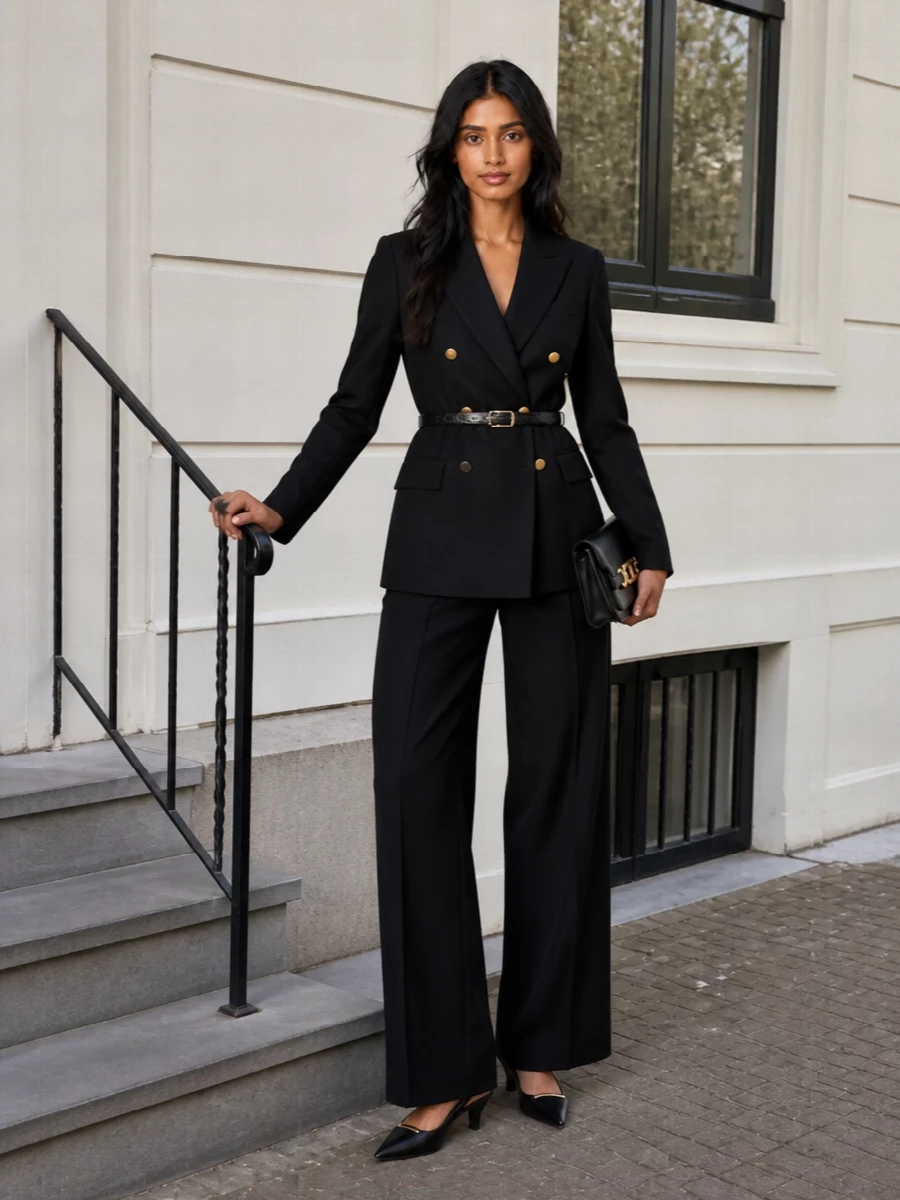 A sharply tailored black suit is grounded with long, fluid pleated trousers and a cinched waist for a clean, commanding line. Gold accents at the buttons, belt and compact bag introduce just enough warmth, while a low, pointed slingback keeps the attitude formal yet understated. The result is quietly powerful suiting that moves with ease from the boardroom to a late dinner table.