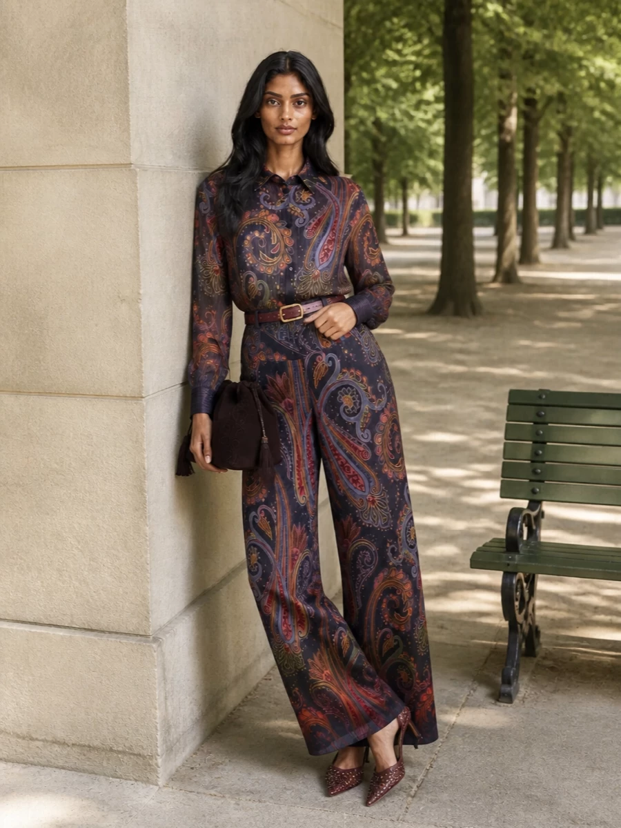 Etro paisley wide leg pants sheer blouse outfit