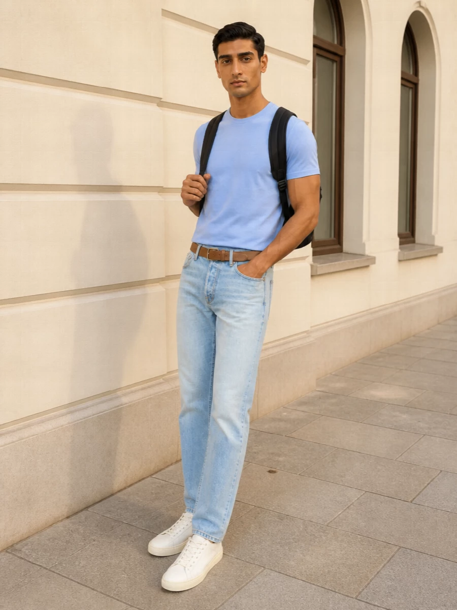 Tom ford sky blue tee light wash jeans outfit