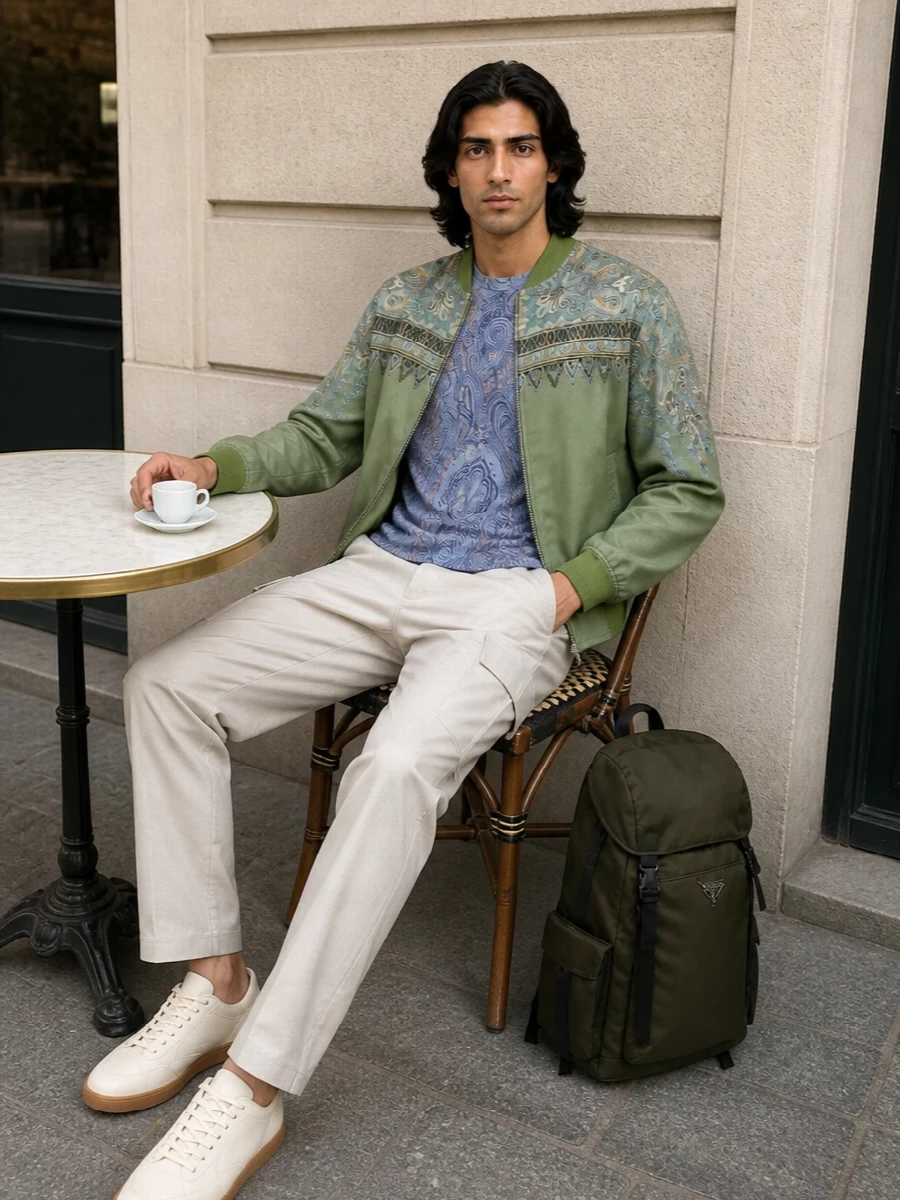 Etro paisley bomber stone cargo outfit