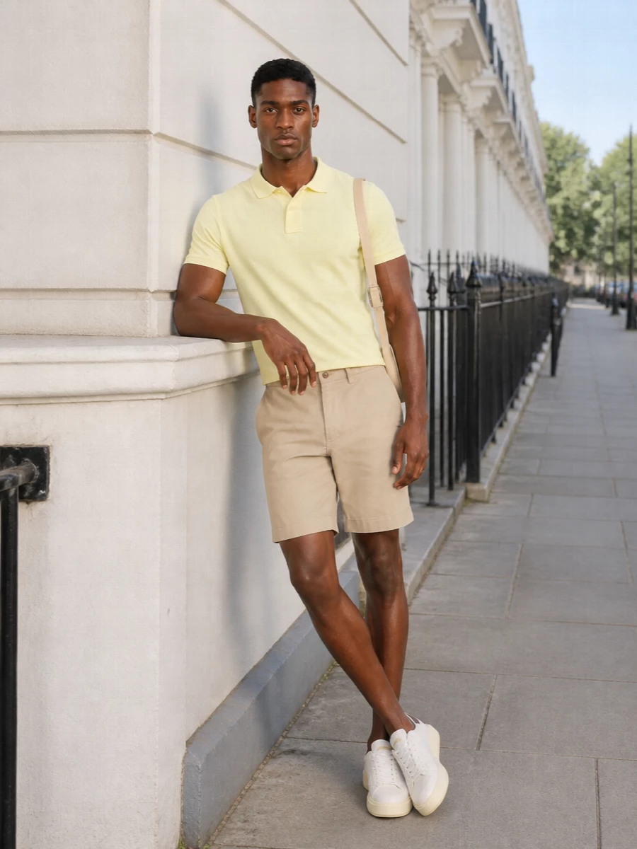 Soft pale yellow against stone chino creates a calm, collegiate take on warm weather dressing that still feels sharp enough for terrace lunches or a casual office Friday. Off-white sneakers keep it clean and easy, while the slim buttercream bag adds a modern, minimal note without disturbing the gentle palette. It is an understated way to wear color that still reads grown up and considered.
