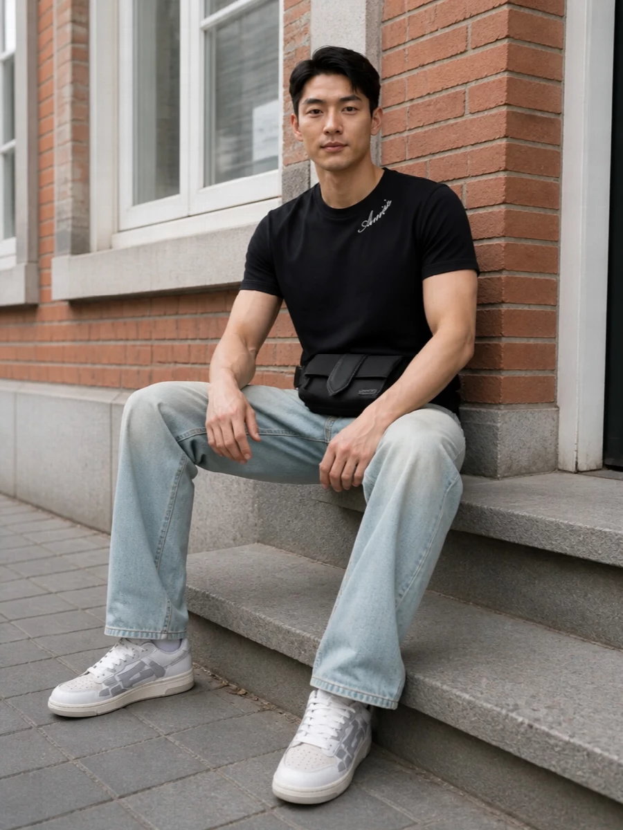 Amiri denim jeans black logo tee sneakers