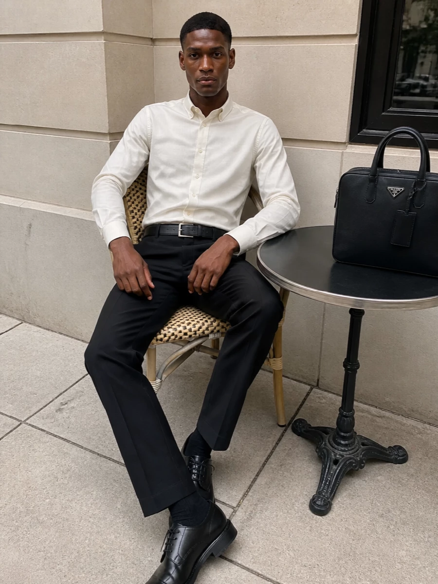Balenciaga trouser ivory shirt black derby outfit