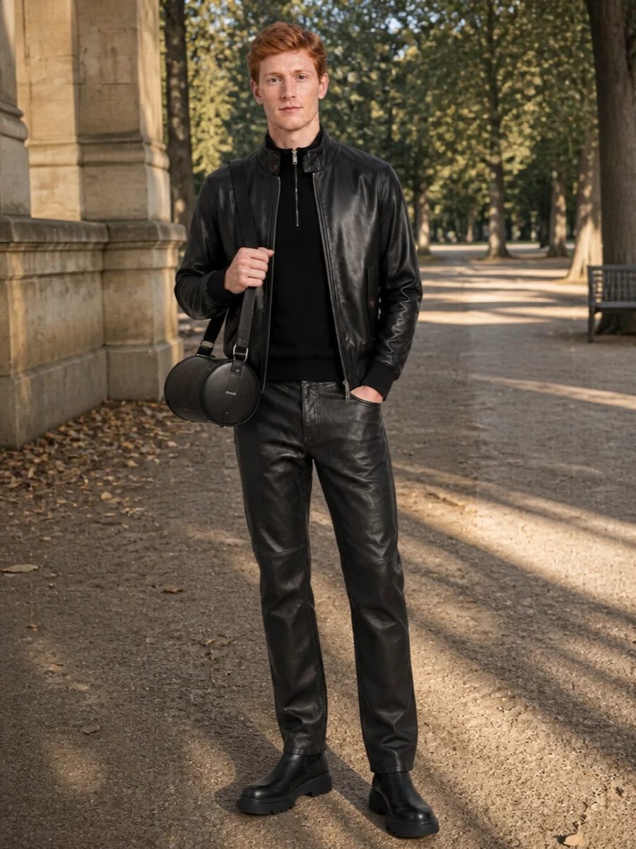 Baracuta leather jacket black jeans chelsea boots