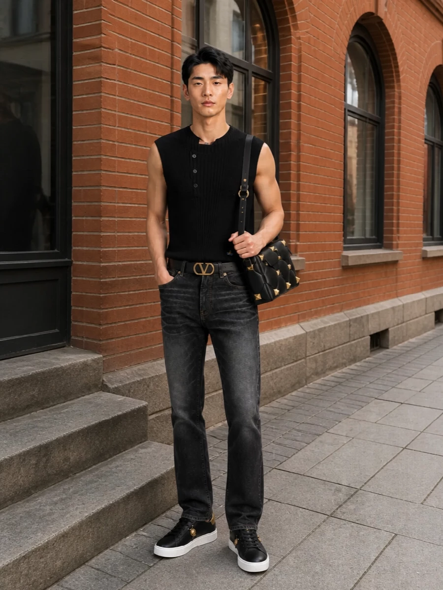 A black ribbed knit and washed-black straight denim set a lean, vertical line that feels sharp but easy. Black-and-gold sneakers, belt and a studded shoulder bag amplify the Orb embroidery’s glint, pushing the outfit firmly into nocturnal, street-tailored territory. The proportions stay simple and slim so the textures and hardware do the talking after dark.