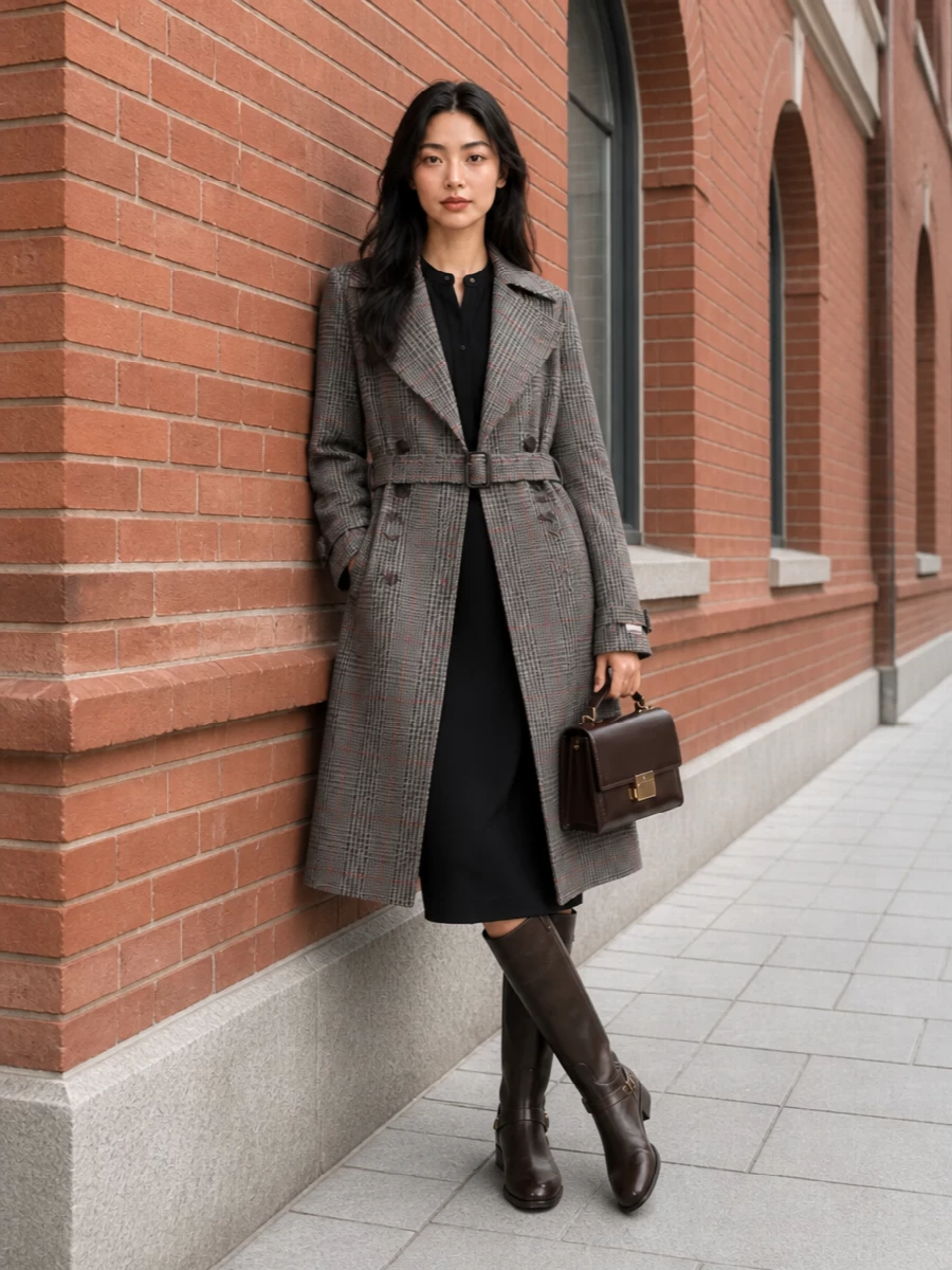 I am building around the coat with a single, controlled column of black rather than adding a second tailored suit layer, so the Gucci shirt dress path wins over blazer and trousers. The result is a quietly assertive city outfit, with the check coat providing pattern and the black dress, espresso riding boots and patent top handle grounding it in rich, equestrian neutrals. It feels boardroom capable yet relaxed enough for late dinners when you shrug the coat off and let the dress carry the mood.
