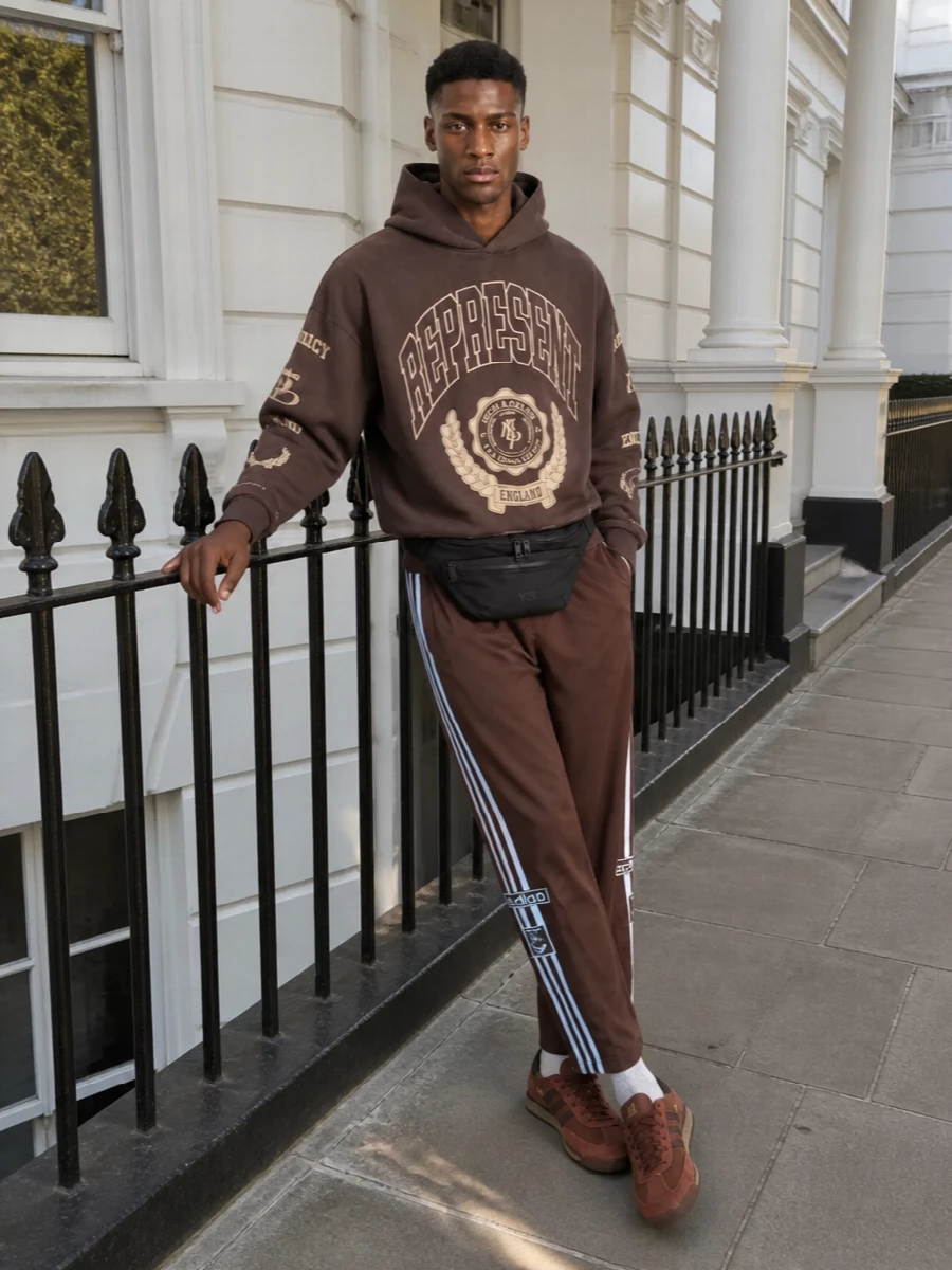 Represent hoodie adidas brown track pants outfit