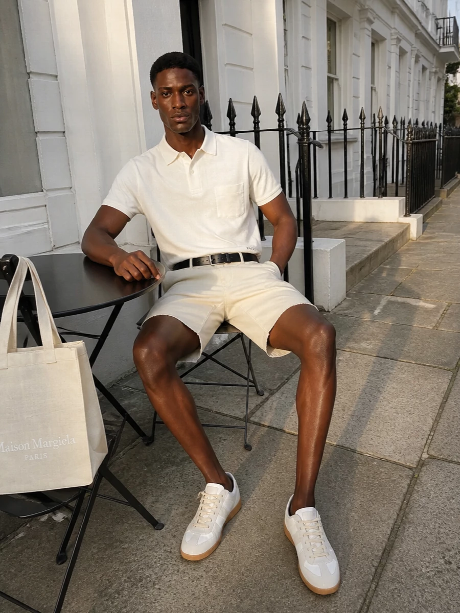 Maison margiela ivory shorts polo sneakers outfit