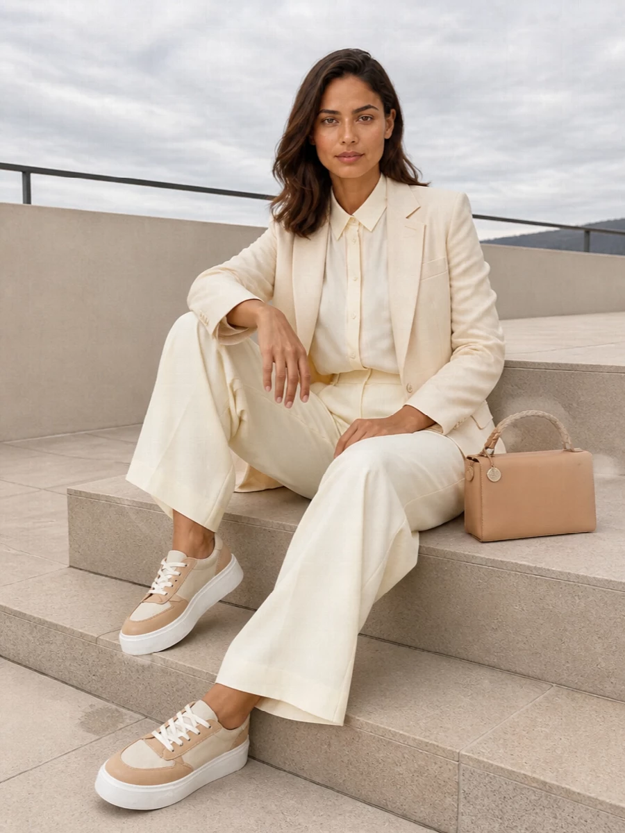 Stella mccartney beige blazer ivory wide leg trousers