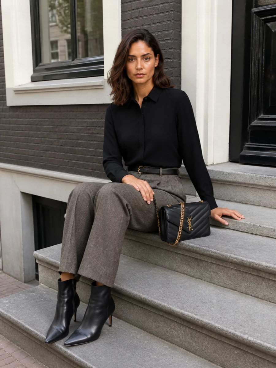 A column of deep neutrals keeps the Saint Laurent trouser sharp and elongated, with the black shirt disappearing neatly into the waistband. Pointed ankle boots and a structured quilted bag bring just enough polish, while the slim belt quietly defines the high waist for a precise, boardroom-to-dinner silhouette. The result is pared back and assured, all about cut, proportion and subtle hardware.