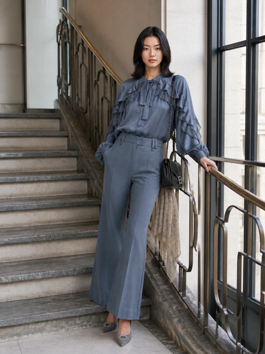 Zimmermann silk blouse flared trousers outfit