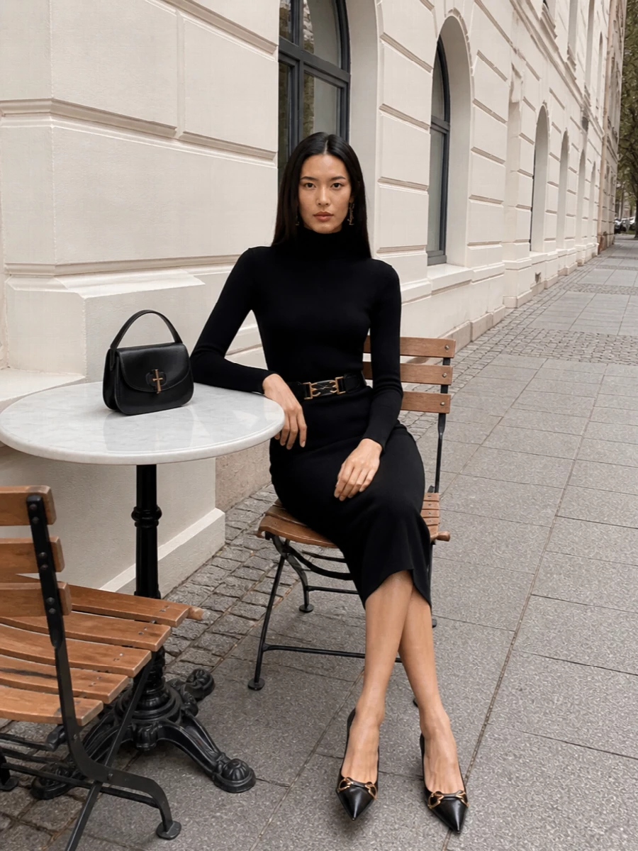 Gucci black turtleneck midi dress gold accents
