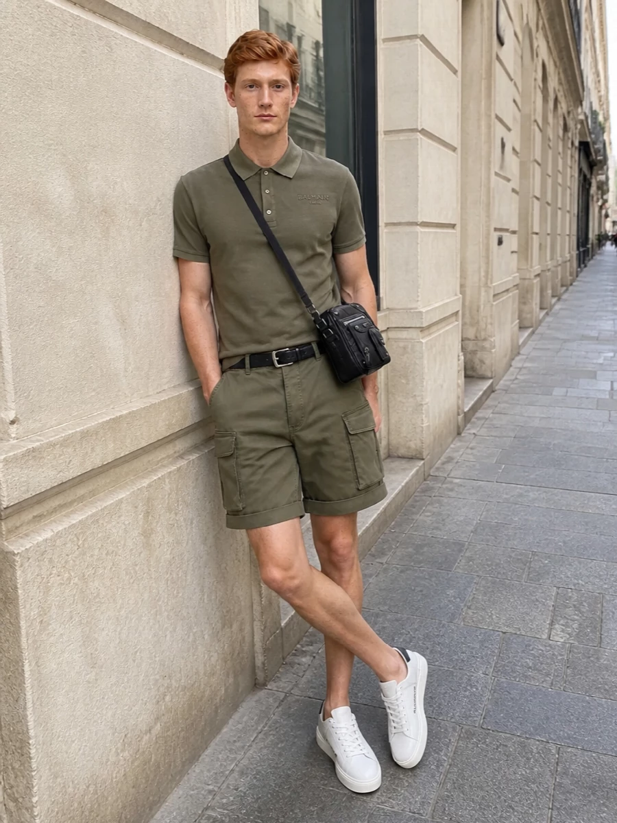 Balmain cargo shorts knit polo streetwear outfit
