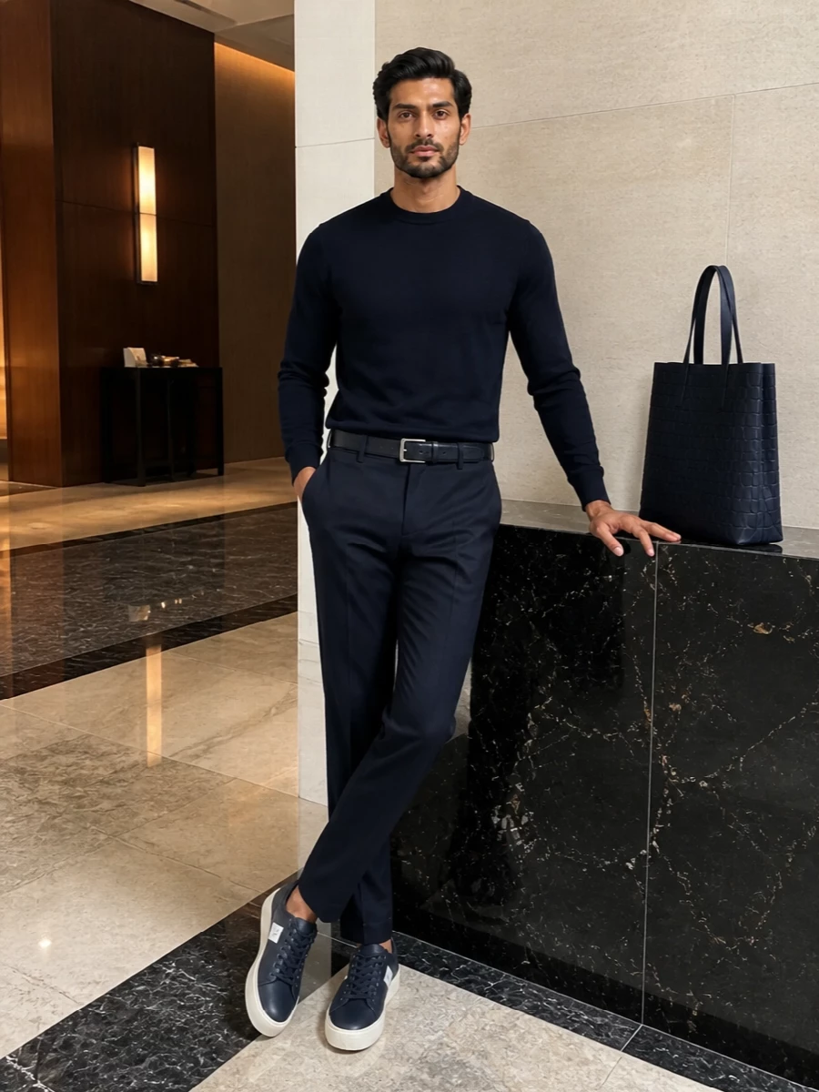 Boss navy sweater tailored trousers sneakers