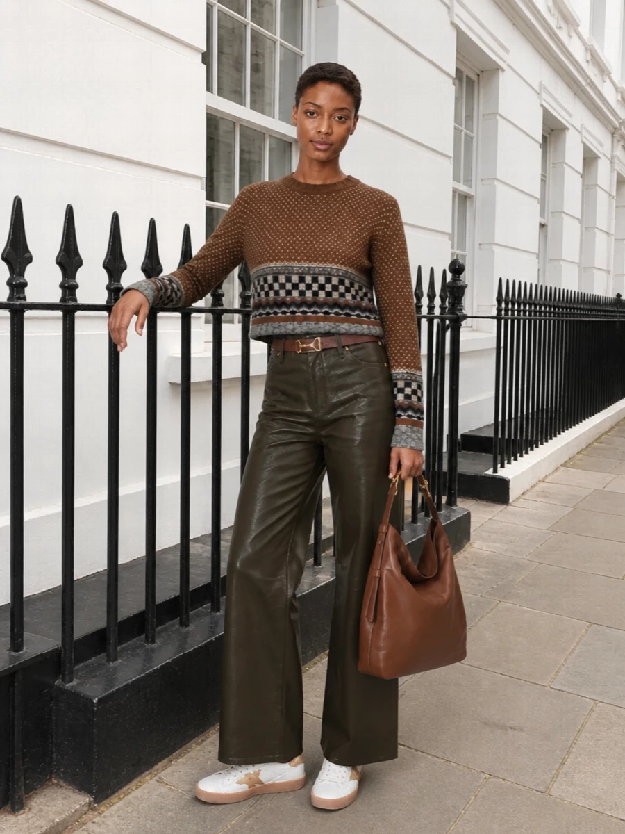 Golden goose wide leg pants caramel sweater outfit