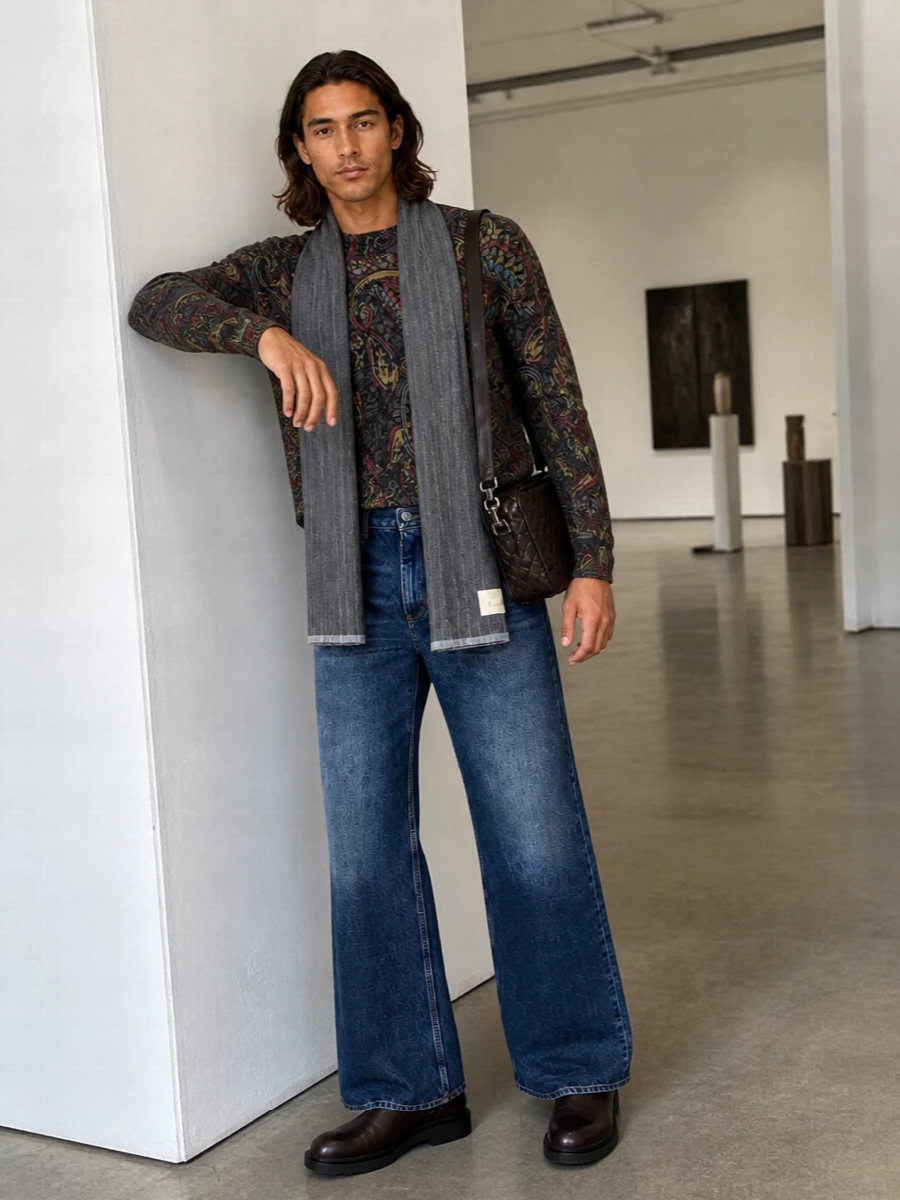 Etro paisley sweater wide leg denim chelsea boots