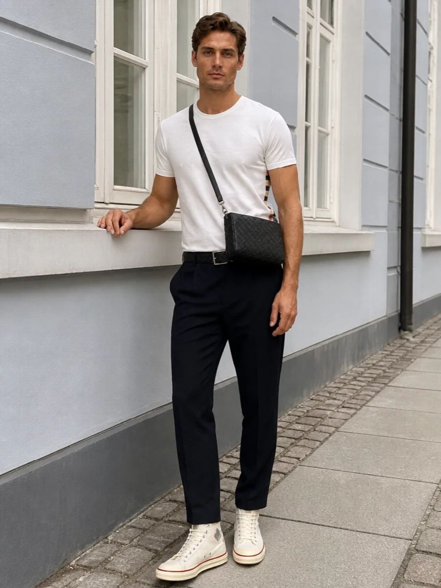 Bottega veneta white tee navy trousers outfit