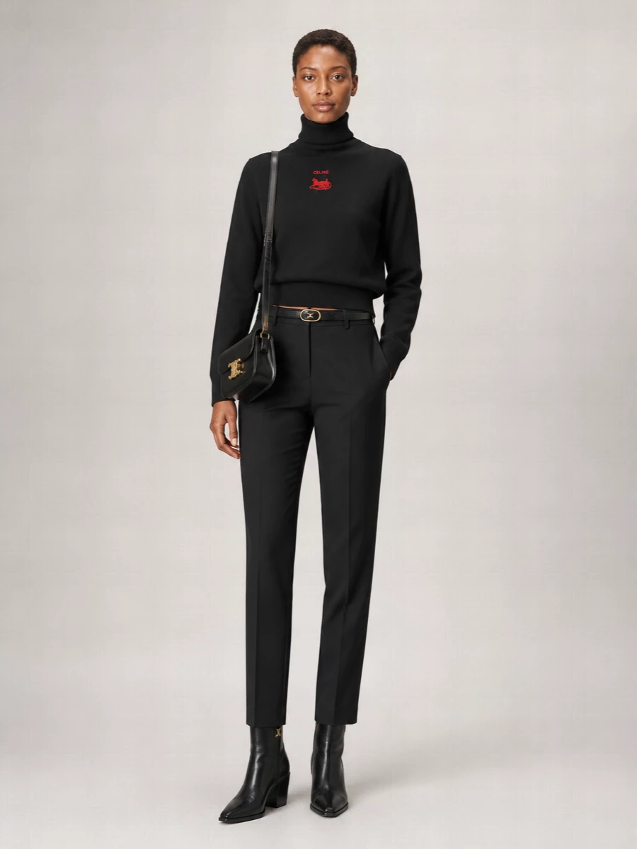 A cropped black Celine turtleneck meets a long, tailored black trouser for a restrained, elongated silhouette that feels polished yet relaxed. Pointed black ankle boots keep the line sharp, while a structured Celine Triomphe shoulder bag and slim belt quietly echo the hardware and logo detail. The result is a pared-back, city-ready ensemble that privileges proportion, texture and discretion over anything overt.