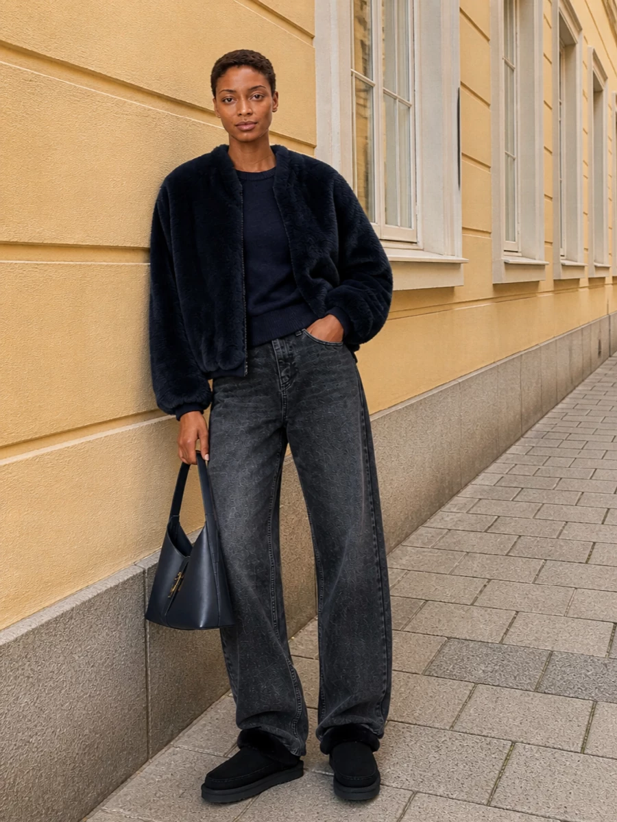 Frankie shop navy faux fur bomber charcoal jeans