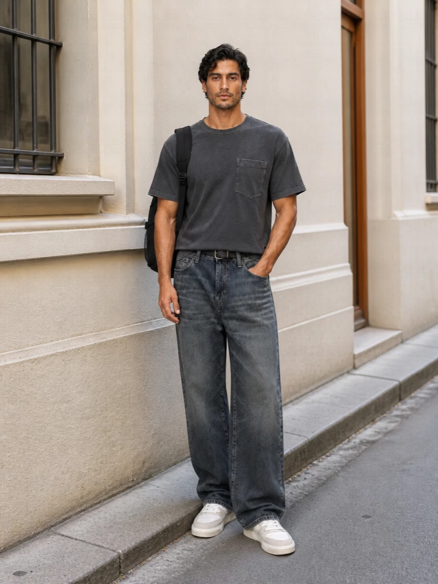 Carhartt wide leg jeans grey tee sneakers