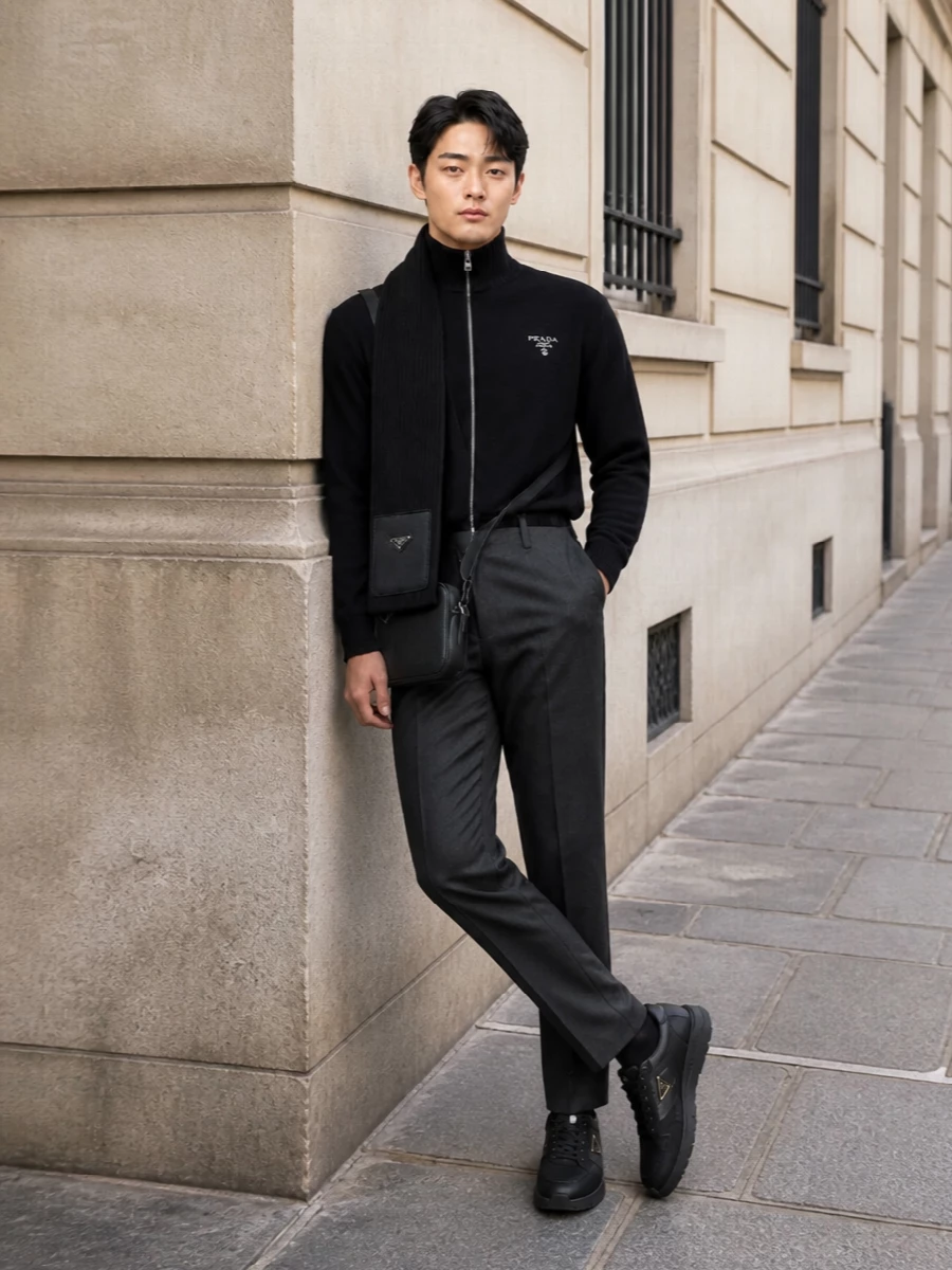 Prada black knit tailored trousers outfit