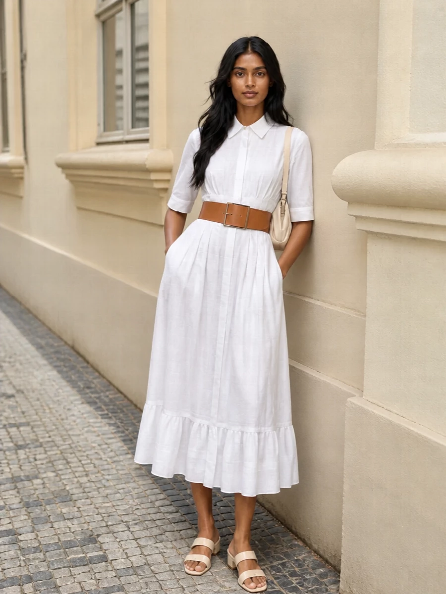 Soft white pleats meet clean leather accents for a calm, modern summer uniform. The cinched waist and low block-heel mule keep the midi proportion sharp yet easy, while the buttercream shoulder bag adds a sculptural note in the same gentle palette. It is understated but considered, ready for anything from a gallery afternoon to a late terrace dinner.