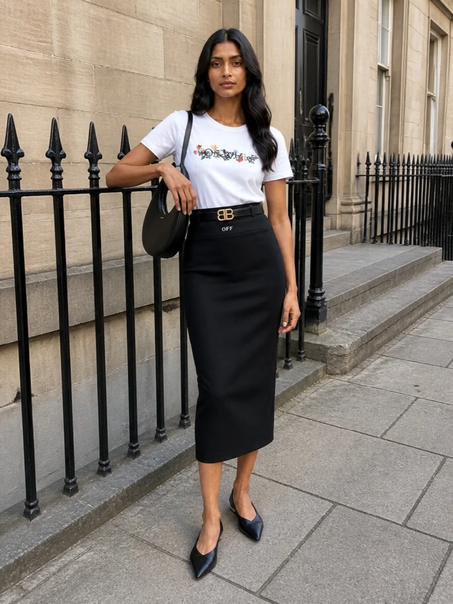 Off white floral tee black midi skirt outfit