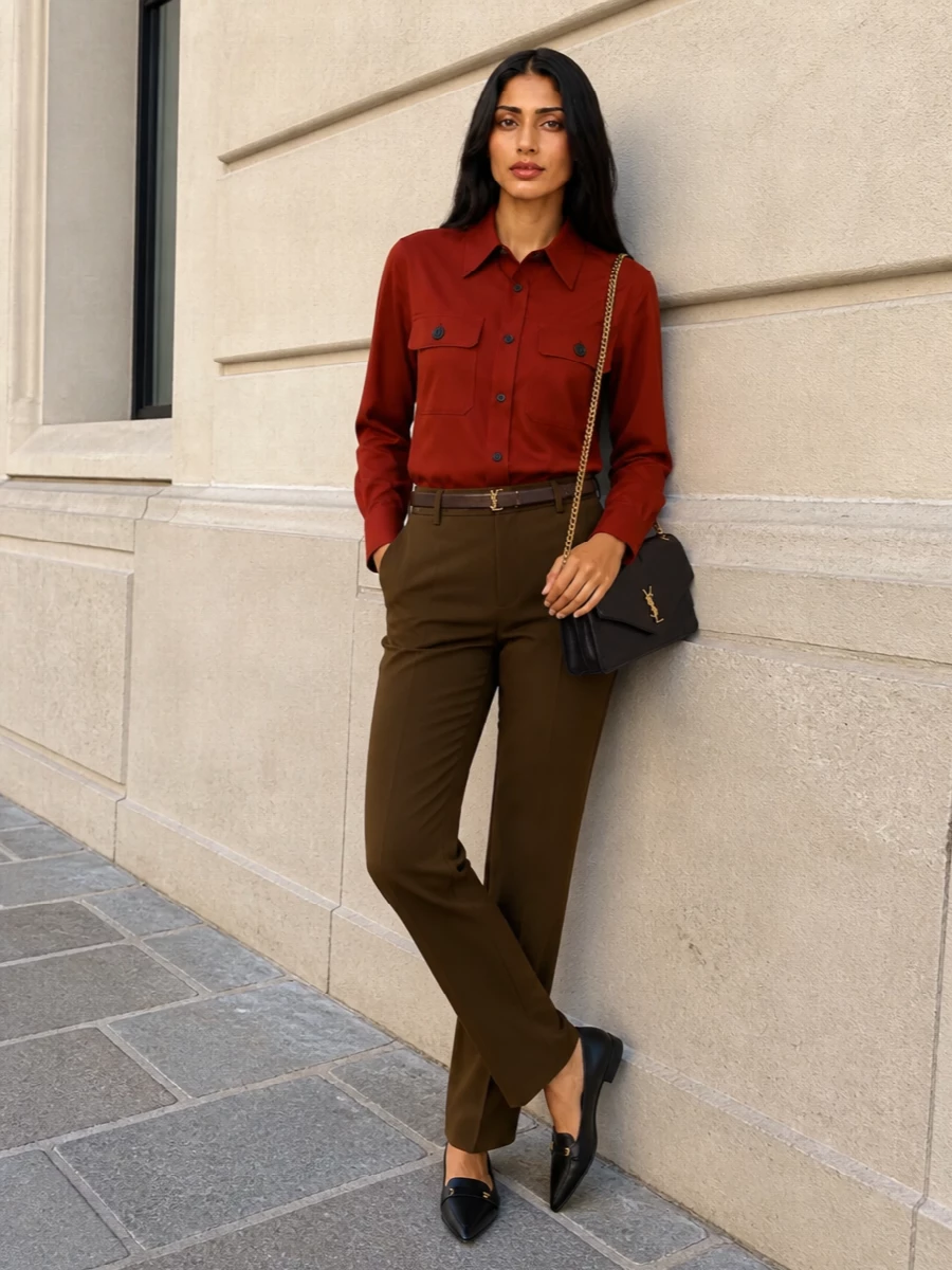This look leans into Saint Laurent’s refined utility by pairing the rust shirt with deep tobacco tailored trousers for a long, warm, monochromatic line that feels polished but not overworked. Black pointed flats and a slim dark-chocolate belt sharpen the silhouette, while the espresso chain bag adds a quietly decadent note that transitions easily from day to dinner. The result is a sleek, tonal city uniform with subtle structure and depth in the browns rather than loud contrast.