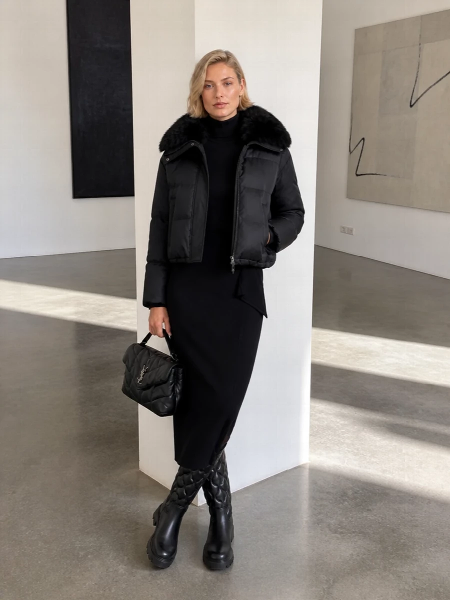 Yves salomon puffer black knit midi dress outfit