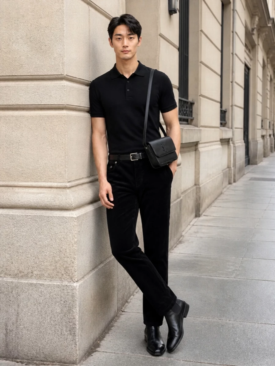 Saint laurent black polo corduroy trousers outfit