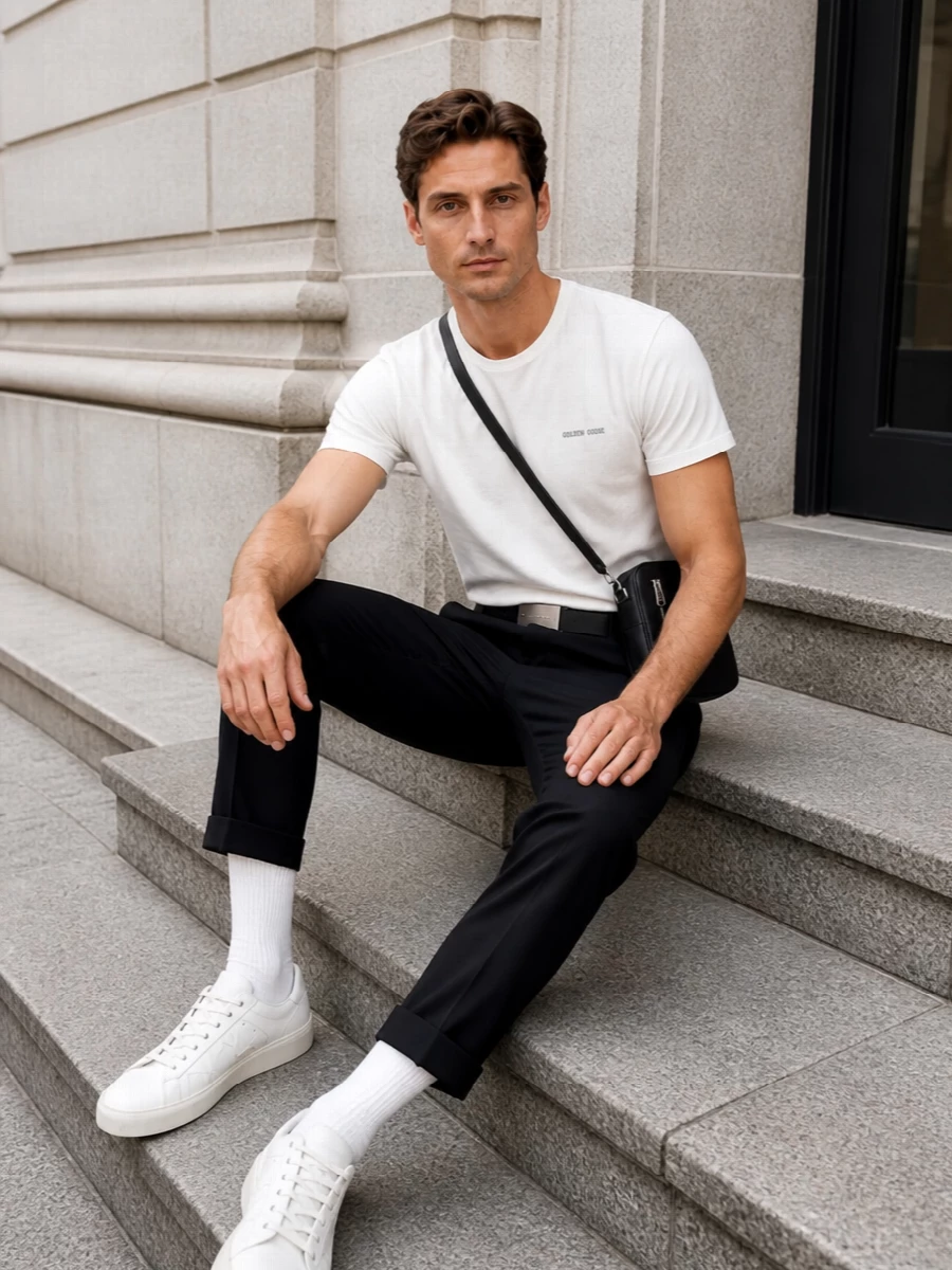 Golden goose tee cropped black trousers outfit