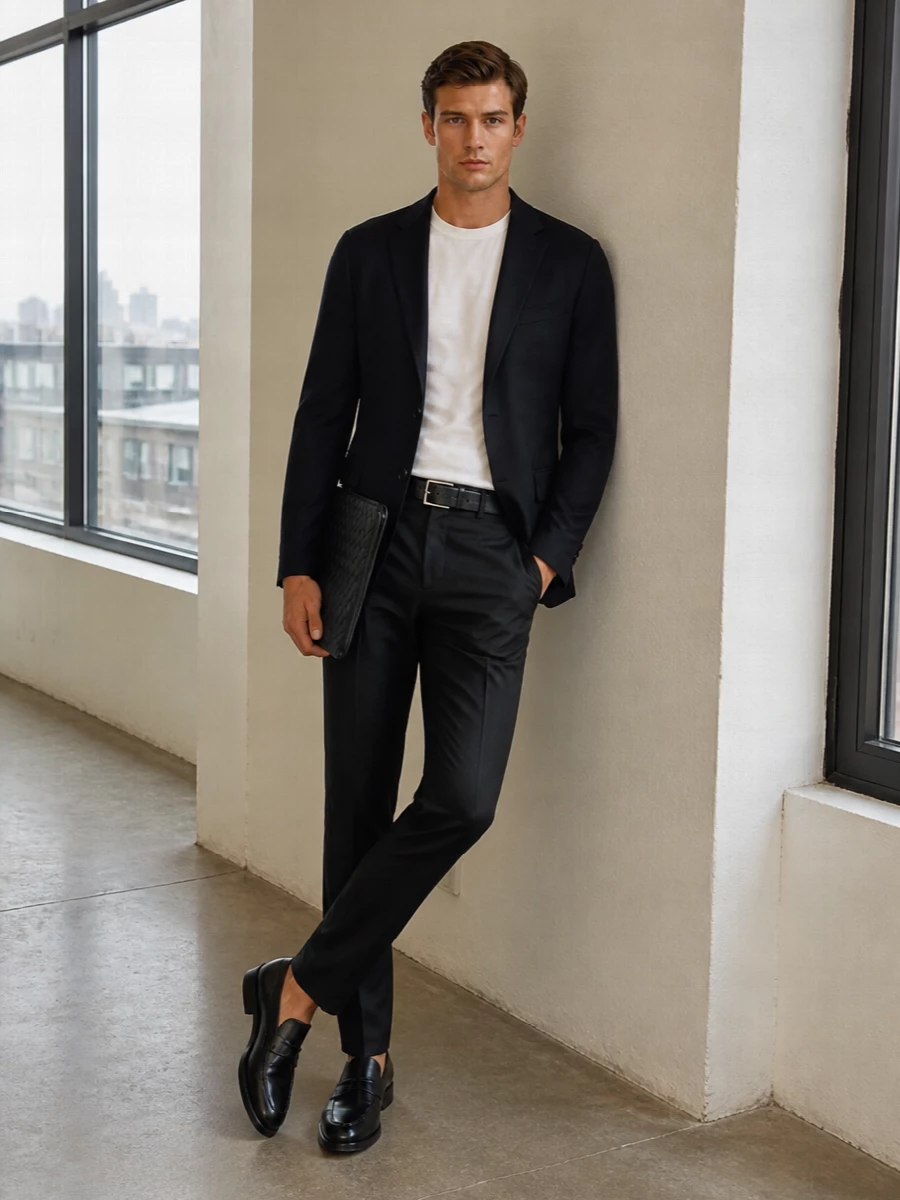 Lardini navy blazer charcoal trousers tods loafers
