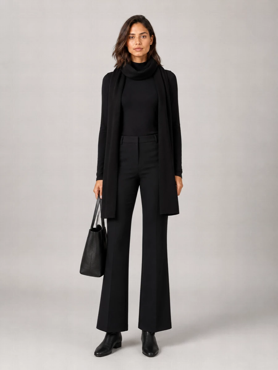 A pure The Row column in deep black, anchored by a slim mock-neck and high-waisted flared trouser that read precise rather than severe. Sleek ankle boots and a sculpted tote keep the lines uninterrupted, while a long black scarf adds depth and warmth without disturbing the minimal silhouette. It is quietly powerful city dressing that moves easily from boardroom to late dinner.