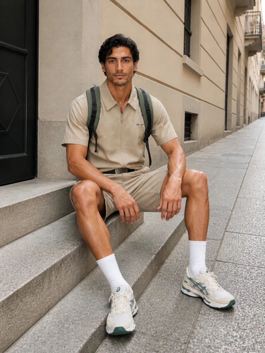 Carhartt utility shorts outfit asics sneakers