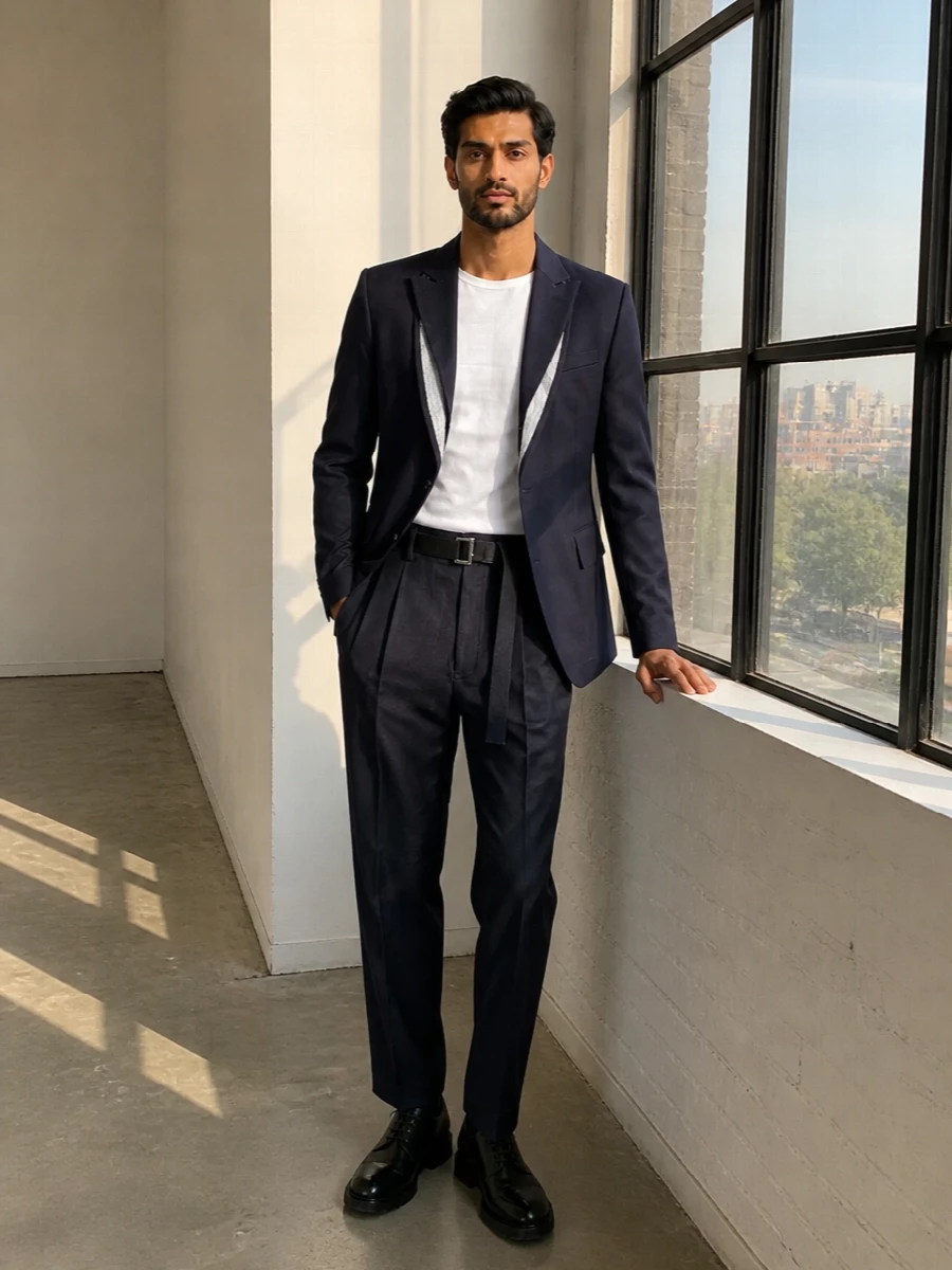Sacai tailored navy blazer charcoal trousers outfit