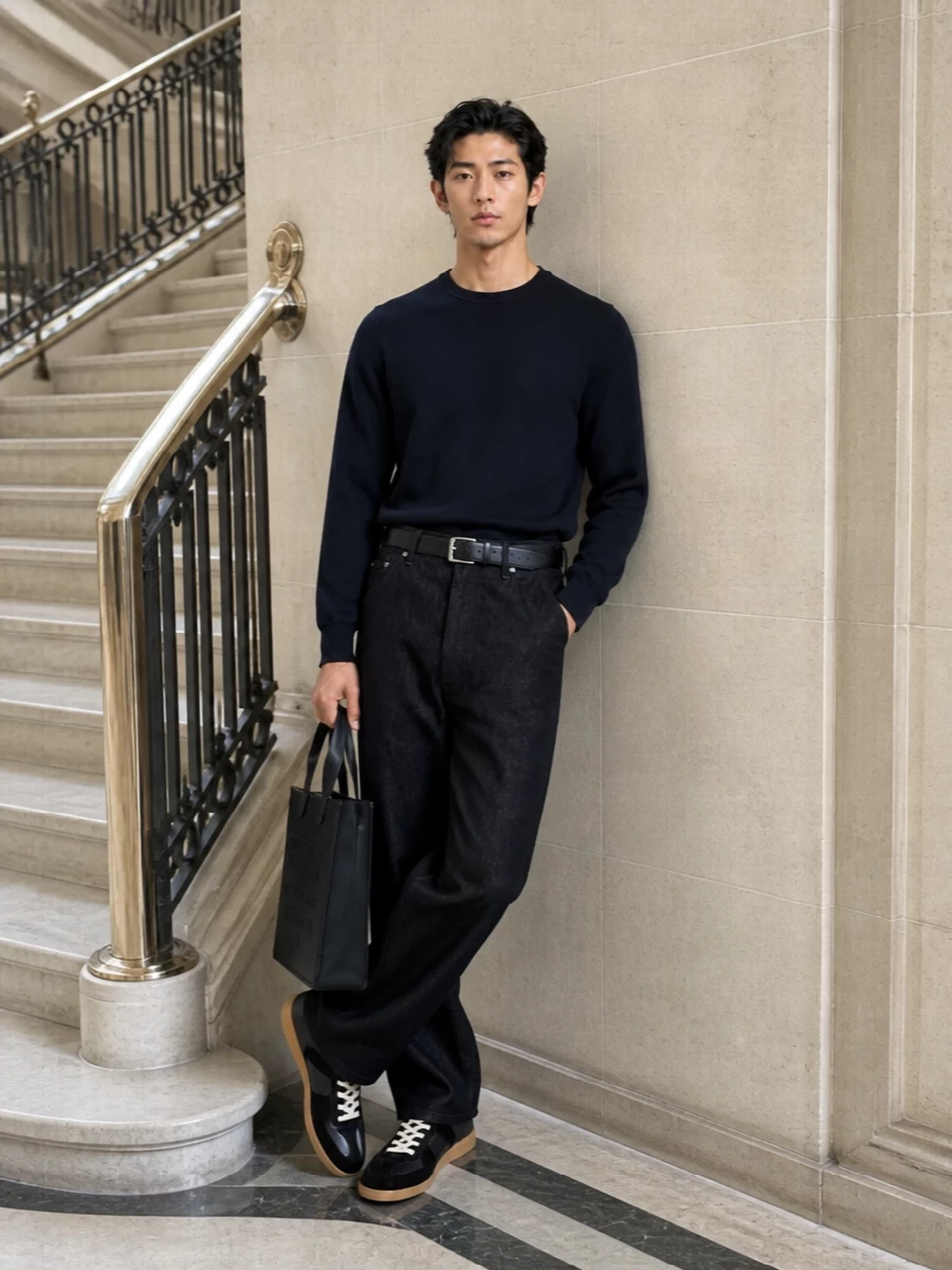 High-rise wide-leg Comme des Garçons trousers pair with a clean navy knit to create a matte, architectural line that feels relaxed but intentional. Margiela’s low-profile sneakers and structured tote keep the mood quietly luxurious, while the slim black belt defines the waist so the volume reads precise rather than loose. It is an easy, city-ready uniform that moves from studio to low-key dinner without needing to change a piece.