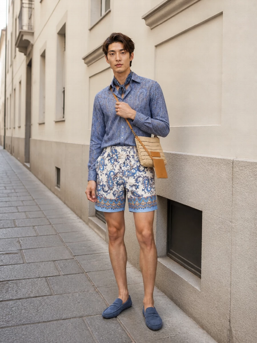A cool blue Etro paisley shirt pairs with ivory deck shorts for a relaxed, coastal take on tailored bohemia. Slate blue suede drivers keep the line clean and polished, while the straw shoulder bag and neat silk scarf add a quietly worldly finish without competing with the prints.