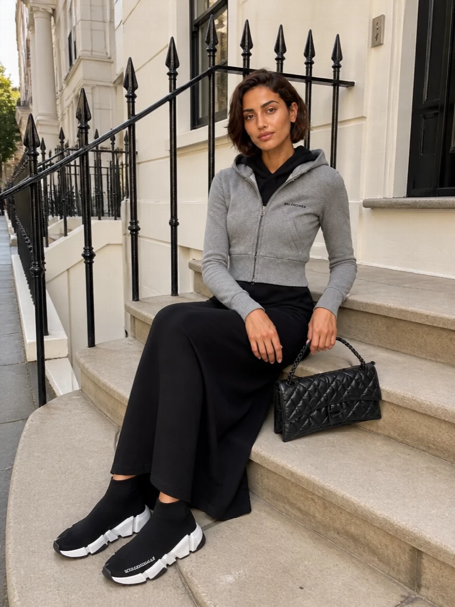 I am styling the cropped grey Balenciaga zip hoodie over the Fendi black hooded maxi dress, letting the knit column do the work as the main anchor instead of adding more separates. The black sock sneakers and quilted shoulder bag continue the long, monochrome vertical line, so the grey hoodie feels like a deliberate cropped layer rather than another competing sporty piece. The result is a streamlined, city-ready mix of luxury loungewear and streetwear that can move from daytime errands to low-key night plans with a simple zip adjustment on the hoodie.